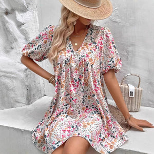 Cute Floral Print V-Neck Puff Sleeve Pleated Casual Loose Dress eprolo 