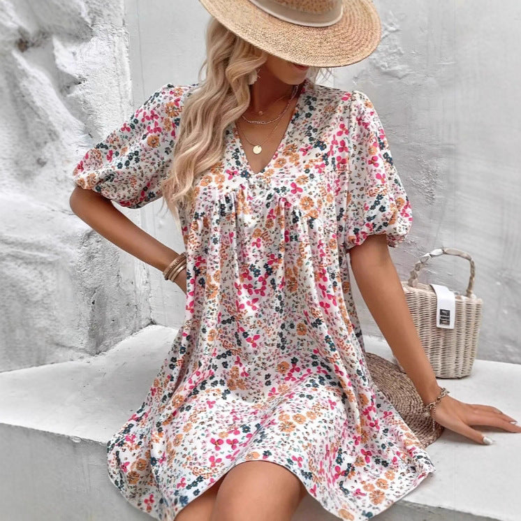 Cute Floral Print V-Neck Puff Sleeve Pleated Casual Loose Dress eprolo 