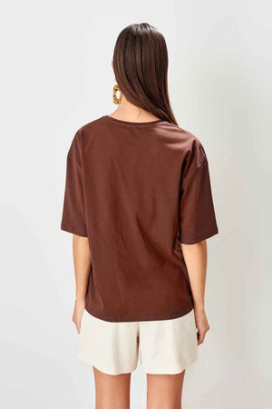 Loose Brown Printed Cotton T-Shirt