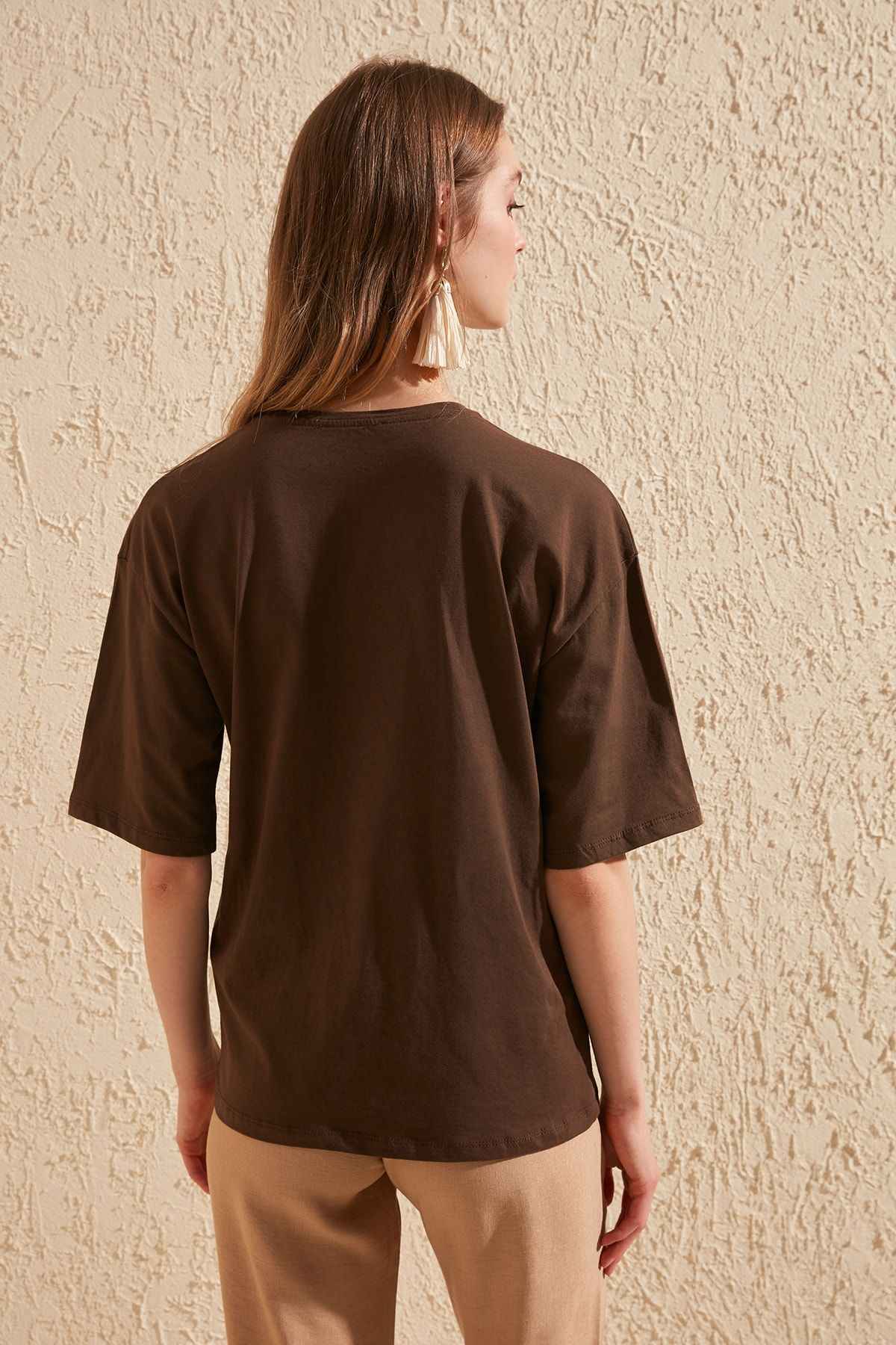 Loose Brown Printed Cotton T-Shirt
