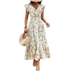 Clothing  Elegant Floral Print V-Neck Short Sleeve Fitted Dress eprolo 