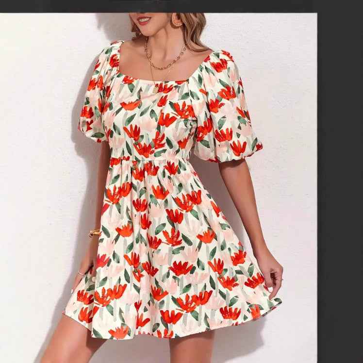 Floral Print Lantern Sleeve Short Sleeve Dress Casual Fashion Dress
