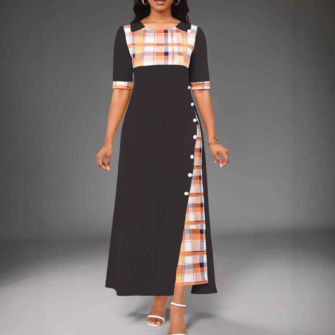 New Style Dress Round Neck Color Block Mid Sleeve Irregular Long Dress
