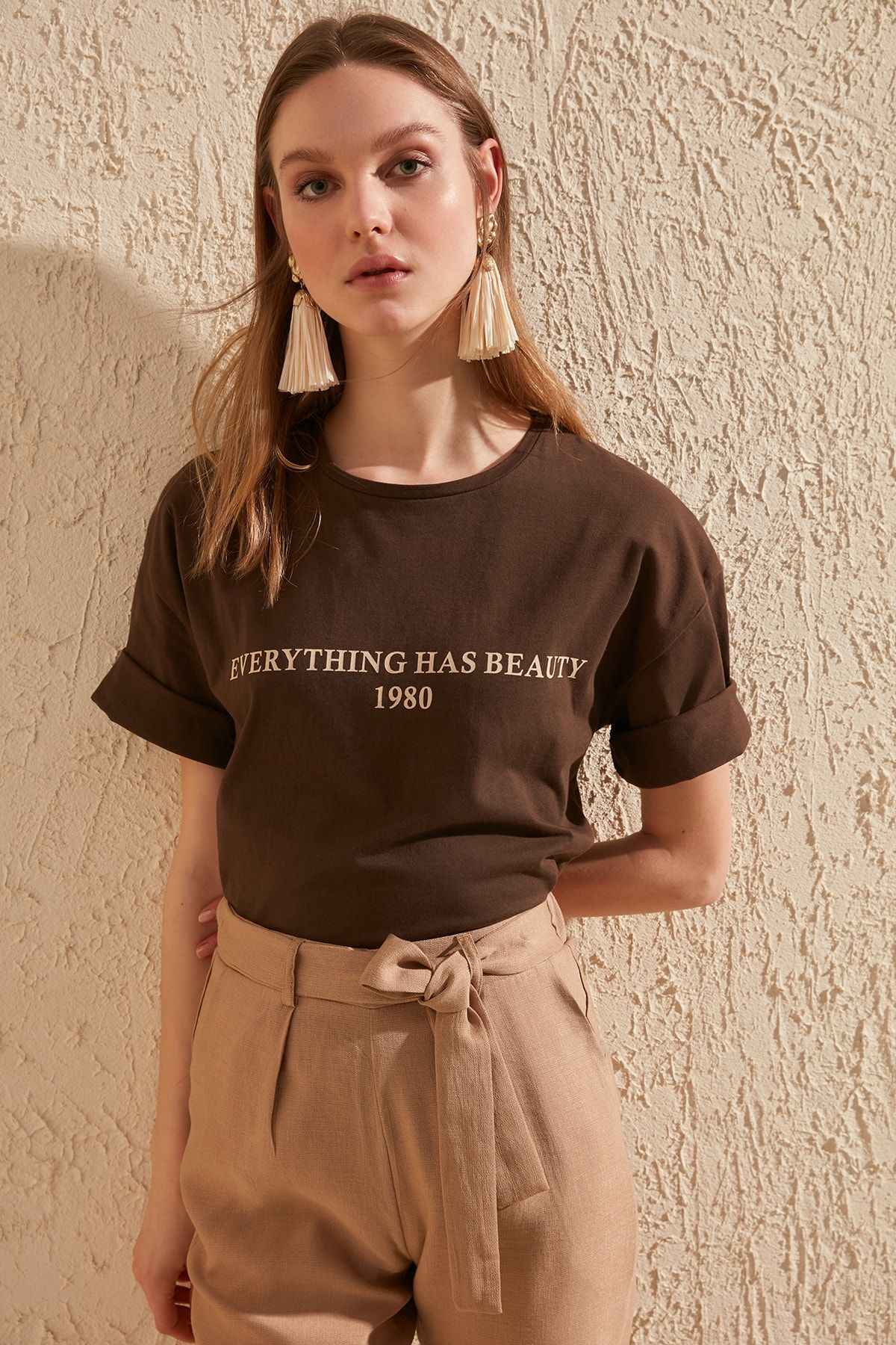 Loose Brown Printed Cotton T-Shirt