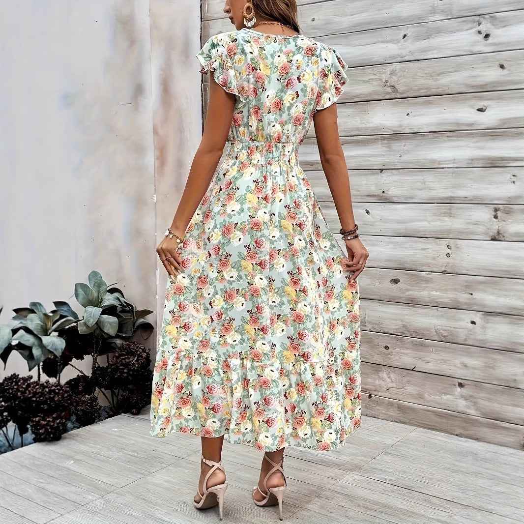 V-Neck Short Sleeve Fitted Dress
