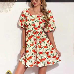 Floral Print Lantern Sleeve Short Sleeve Dress Casual Fashion Dress