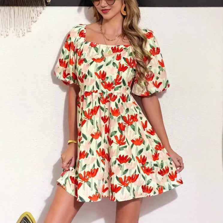 Floral Print Lantern Sleeve Short Sleeve Dress Casual Fashion Dress