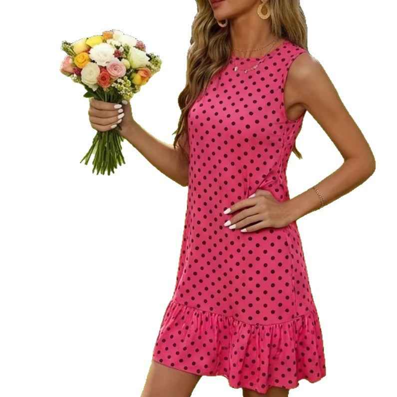 Fashionable Polka Dot Sleeveless Dress for SummerFlattering Fit for Pear ShapePlus Size Sweet Girl Dress