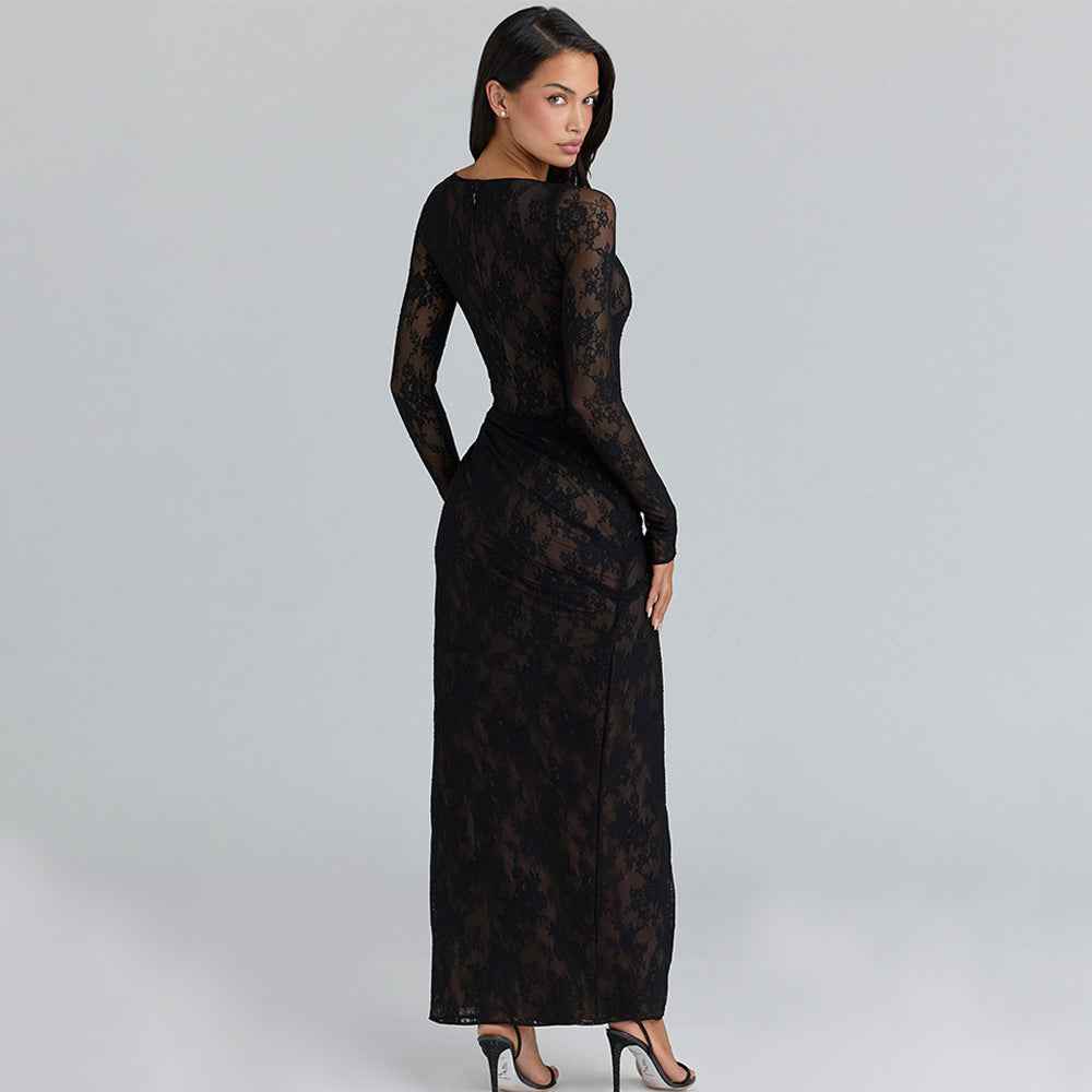 Elegant sheer lace dress with a slit, long design from MRC STORE, showcasing delicate fabric and stylish silhouette.