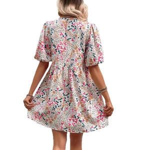 Cute Floral Print V-Neck Puff Sleeve Pleated Casual Loose Dress eprolo 