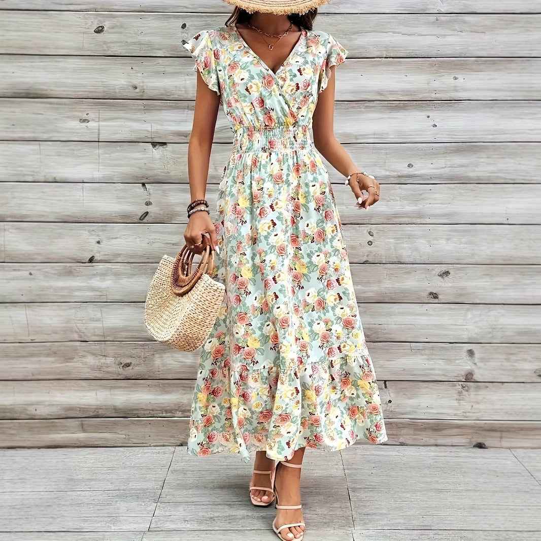 V-Neck Short Sleeve Fitted Dress