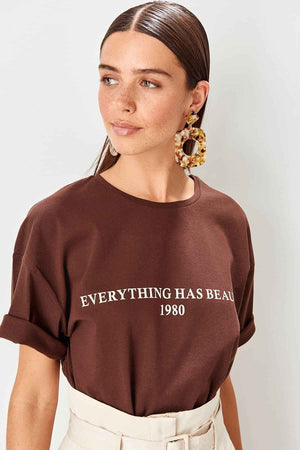 Loose Brown Printed Cotton T-Shirt