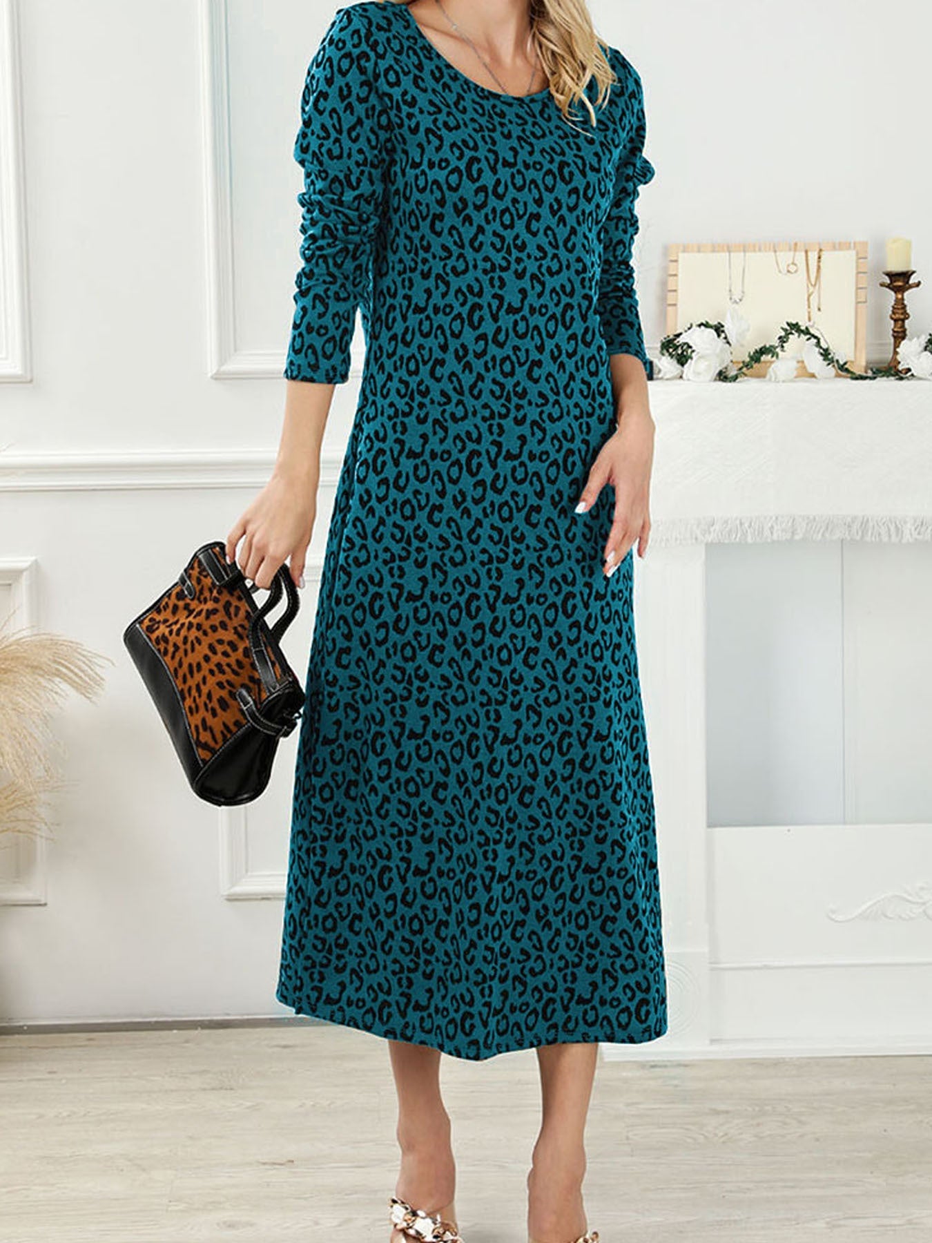 Fashion Women's Vintage Leopard Print Dress Round Neck Long Sleeve Casual Midi Dress eprolo 