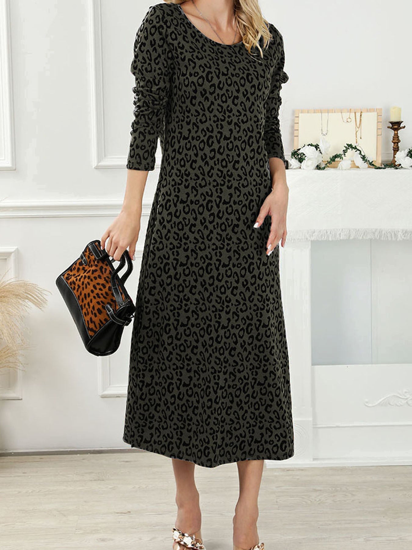 Fashion Women's Vintage Leopard Print Dress Round Neck Long Sleeve Casual Midi Dress eprolo 