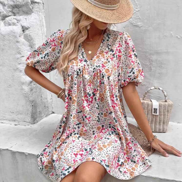 Cute Floral Print V-Neck Puff Sleeve Pleated Casual Loose Dress
