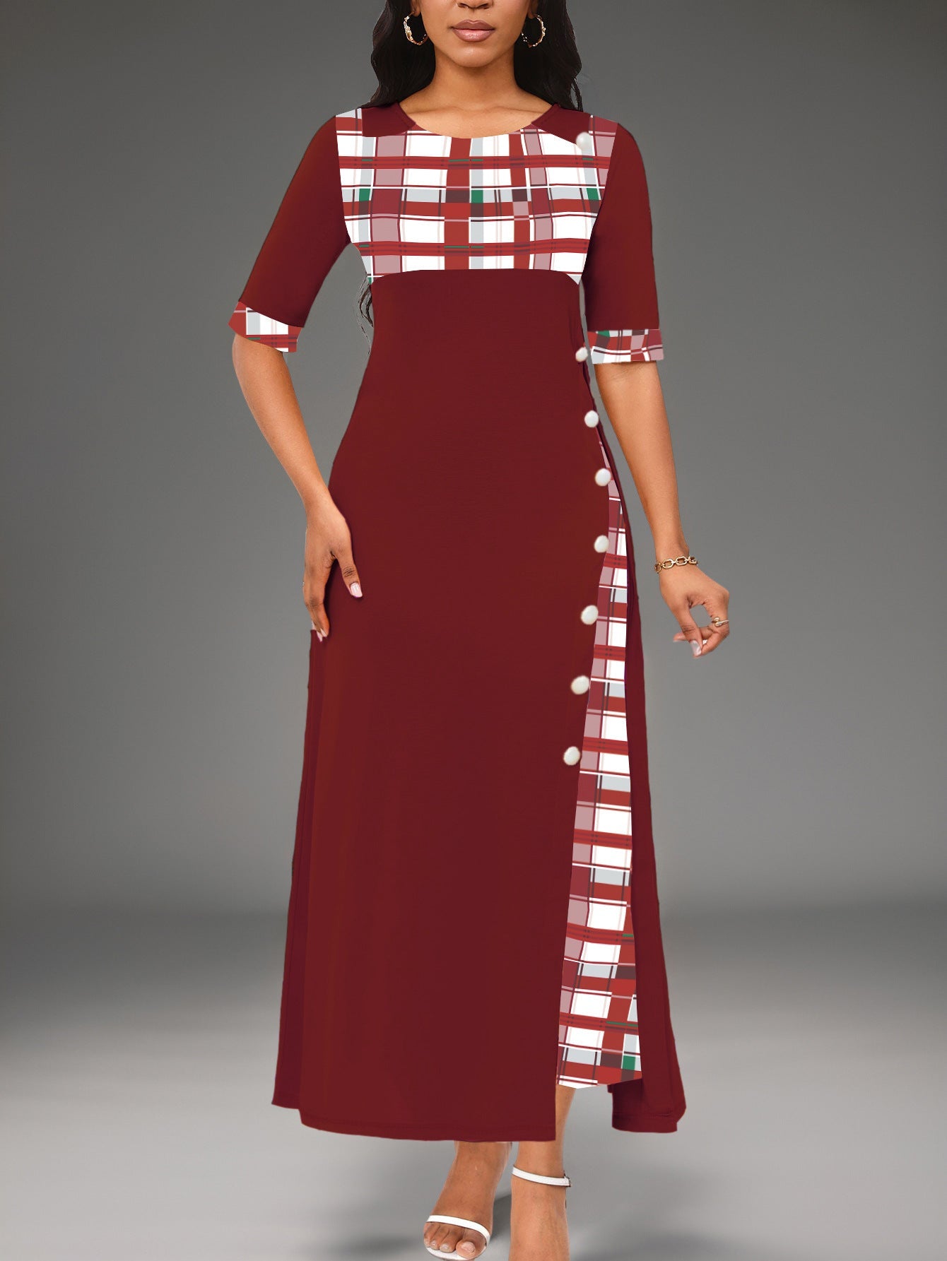 New Style Dress Round Neck Color Block Mid Sleeve Irregular Long Dress eprolo 