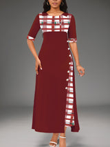 New Style Dress Round Neck Color Block Mid Sleeve Irregular Long Dress eprolo 