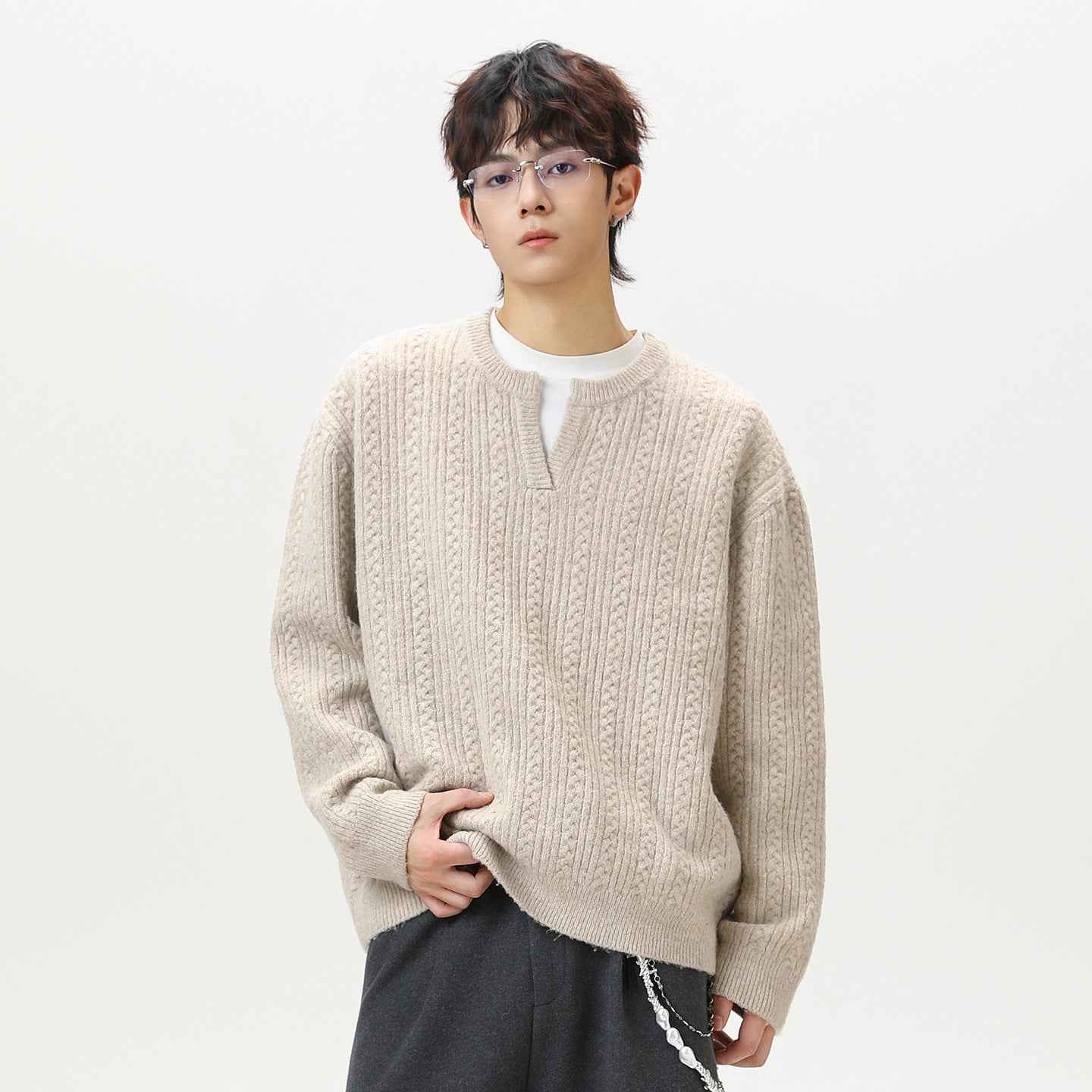 Retro loose heavyweight textured knit cardigan sweater from MRC STORE, featuring a cozy, chunky knit pattern and relaxed fit.