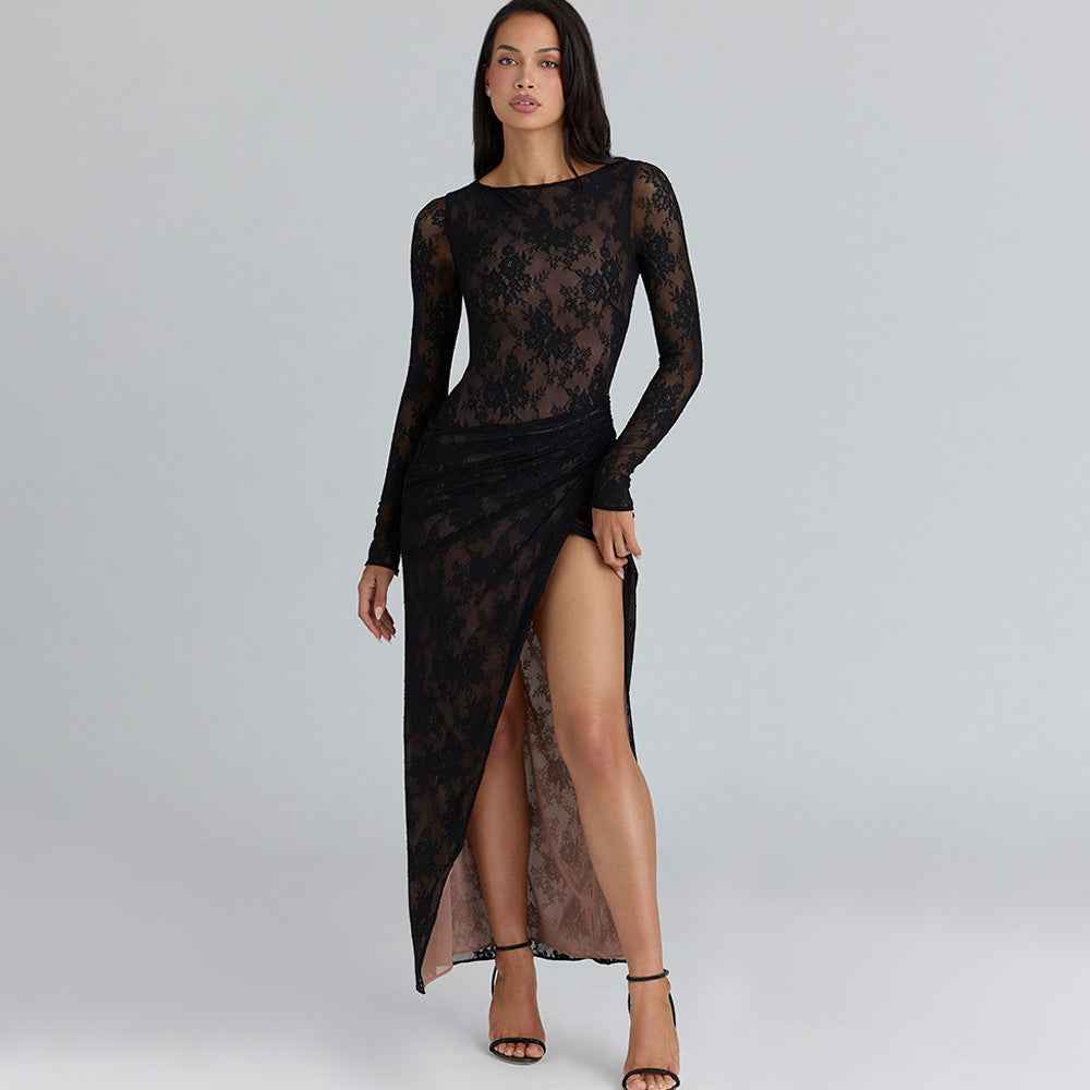Elegant Sheer Slit Long Lace Dress - MRC STORE Elegant Sheer Slit Long Lace Dress - MRC STORE