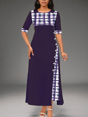 New Style Dress Round Neck Color Block Mid Sleeve Irregular Long Dress eprolo 