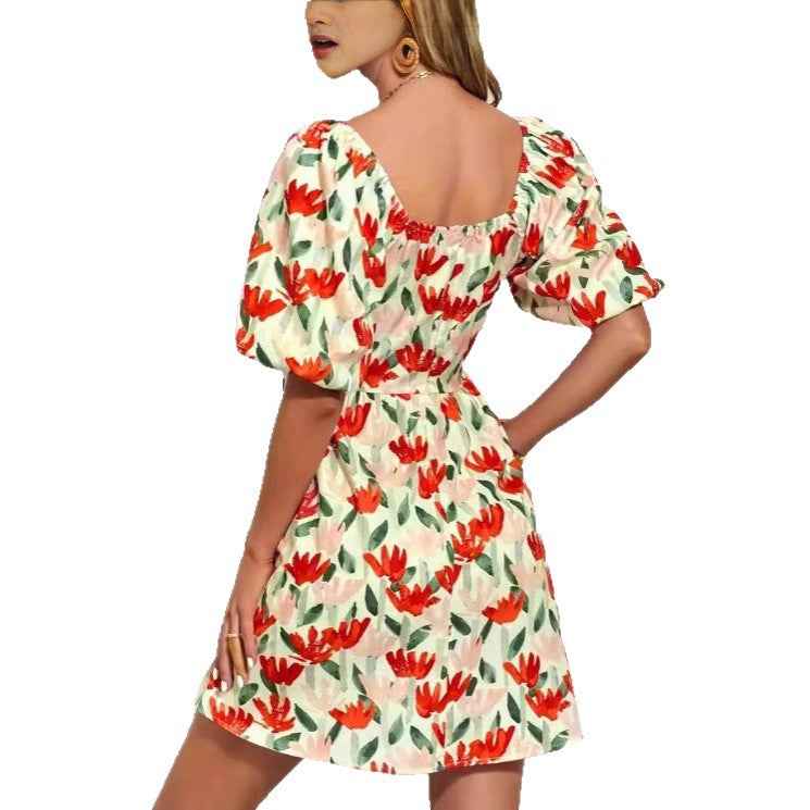 Floral Print Lantern Sleeve Short Sleeve Dress Casual Fashion Dress