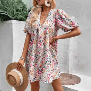 Cute Floral Print V-Neck Puff Sleeve Pleated Casual Loose Dress