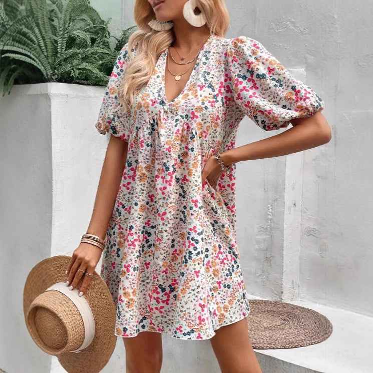 Cute Floral Print V-Neck Puff Sleeve Pleated Casual Loose Dress