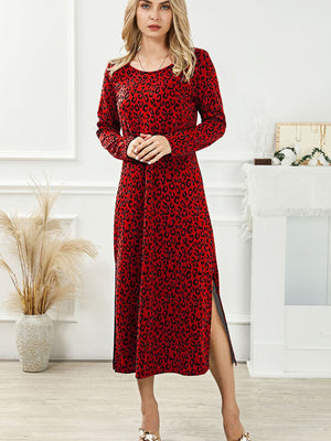 Fashion Women's Vintage Leopard Print Dress Round Neck Long Sleeve Casual Midi Dress eprolo 