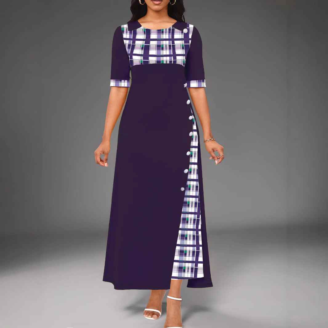 New Style Dress Round Neck Color Block Mid Sleeve Irregular Long Dress