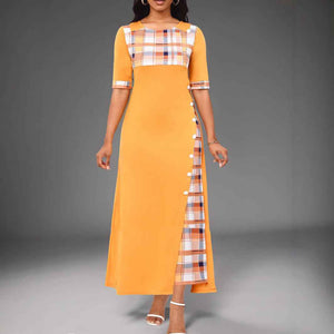 New Style Dress Round Neck Color Block Mid Sleeve Irregular Long Dress