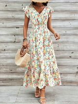 Clothing  Elegant Floral Print V-Neck Short Sleeve Fitted Dress eprolo 