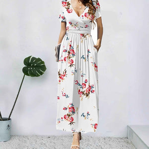 Elegant V-Neck Short Sleeve Wrap Dress with Pockets