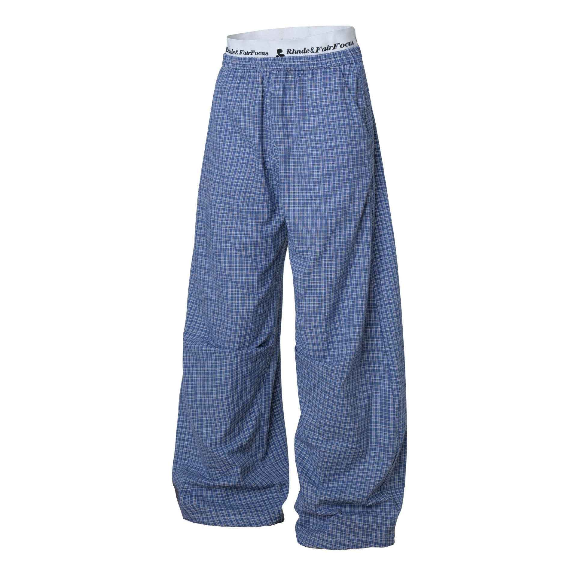 Lightweight Blue Checkered Wide-Leg Pants