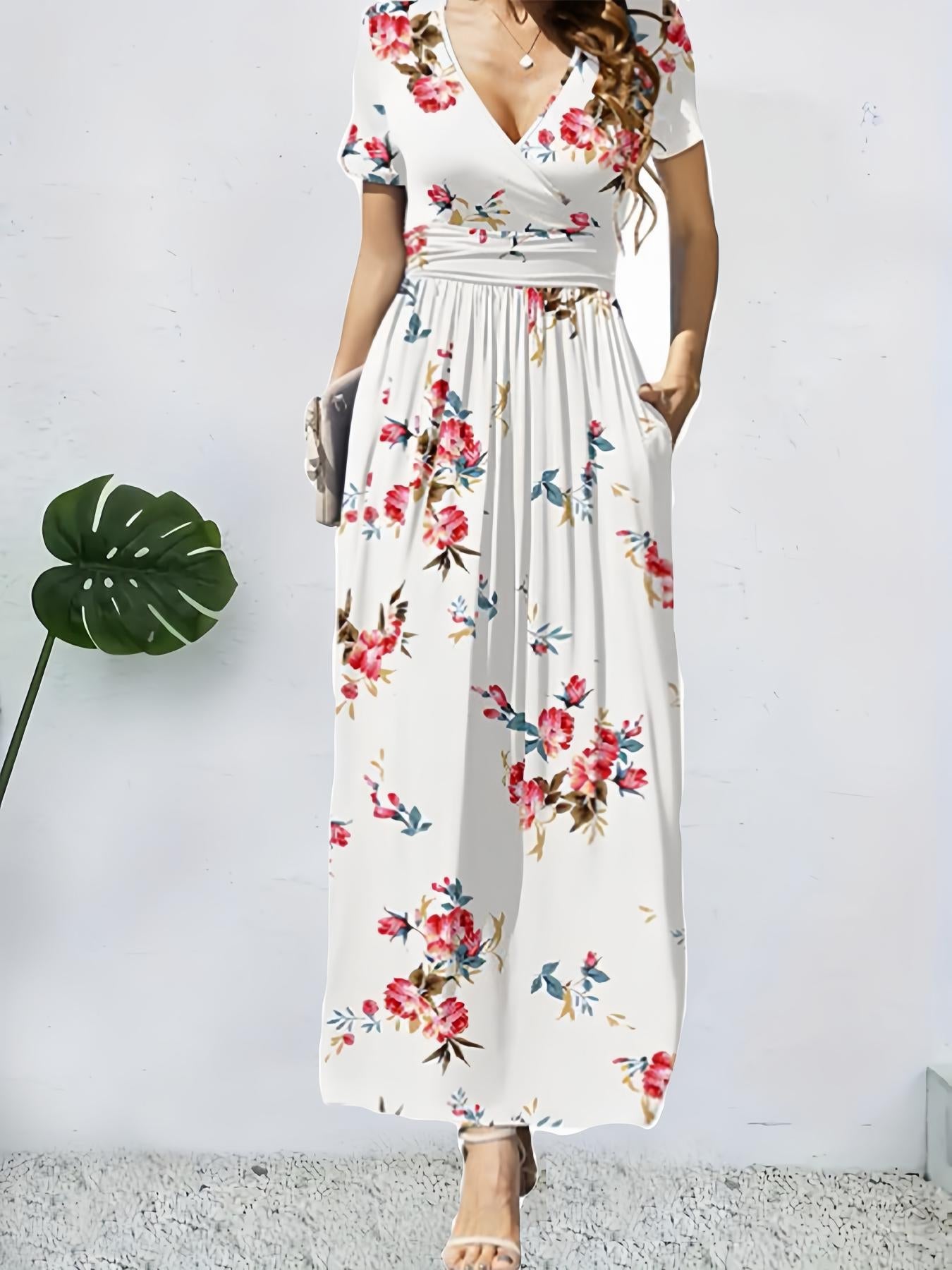 Elegant V-Neck Short Sleeve Wrap Dress with Pockets eprolo 