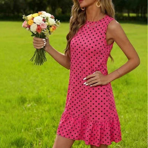 Fashionable Polka Dot Sleeveless Dress for SummerFlattering Fit for Pear ShapePlus Size Sweet Girl Dress