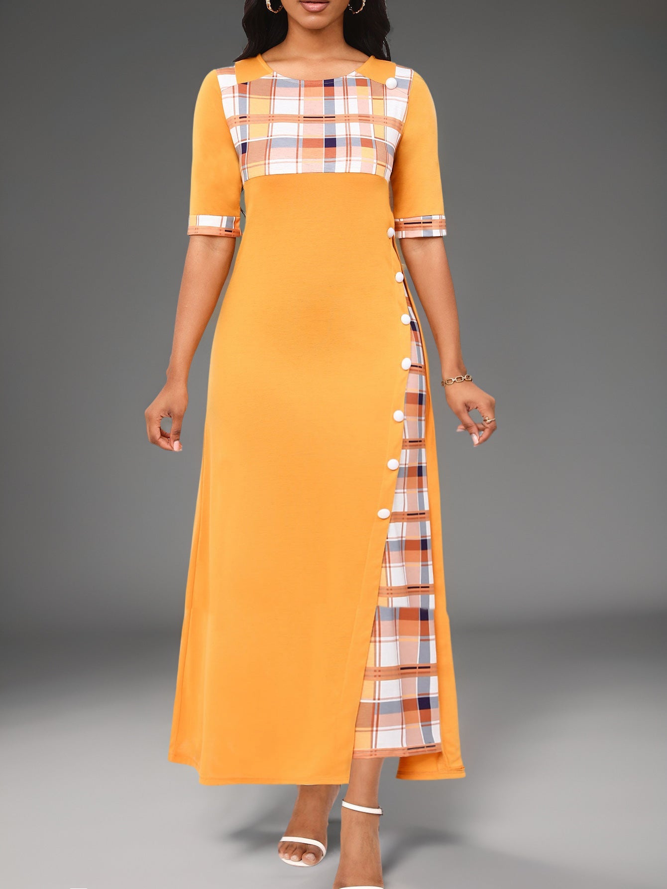 New Style Dress Round Neck Color Block Mid Sleeve Irregular Long Dress eprolo 