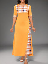 New Style Dress Round Neck Color Block Mid Sleeve Irregular Long Dress eprolo 