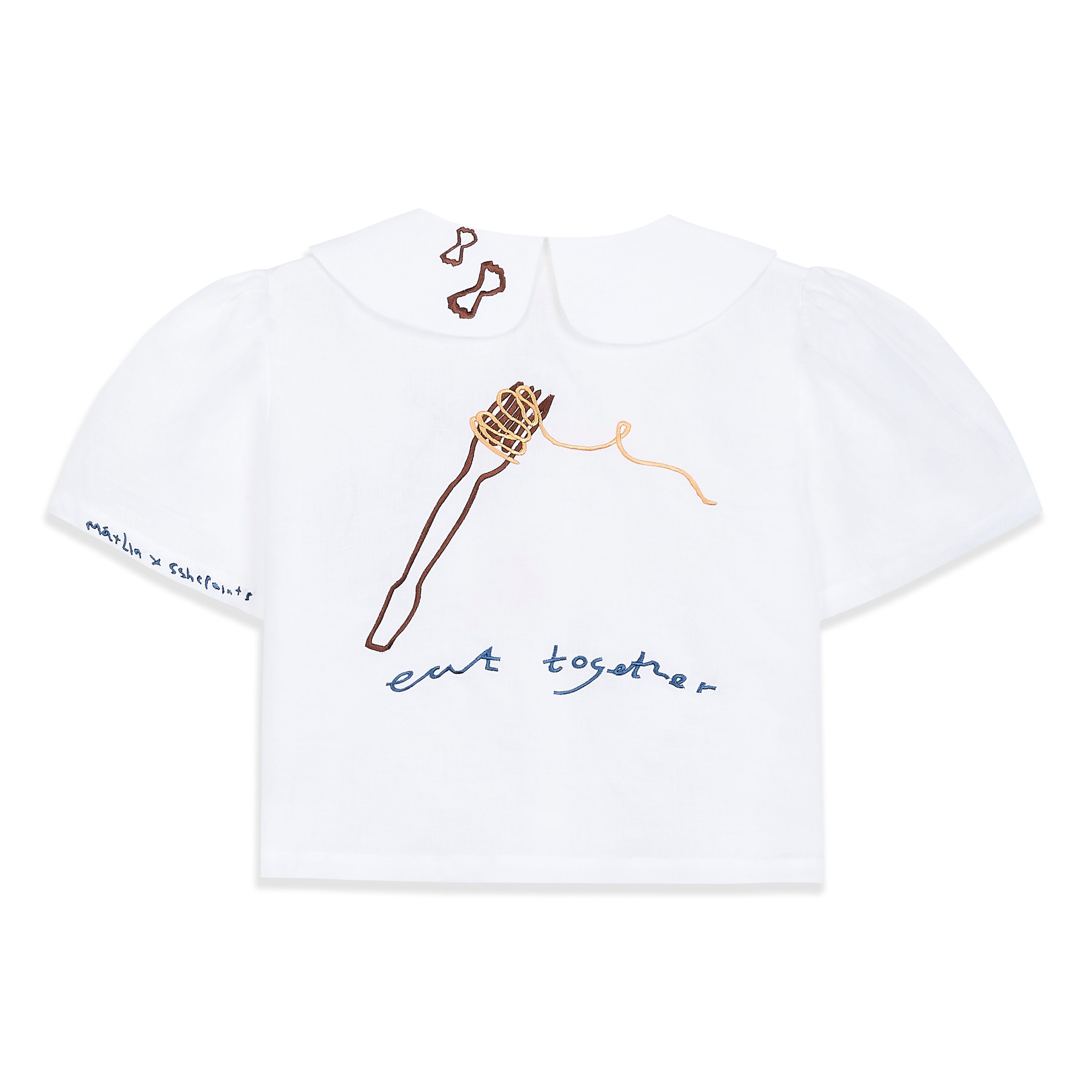 Eat Together Embroidered Frances Linen Blouse - White  x Sshepaints - Made to Order Má + Lin_online 
