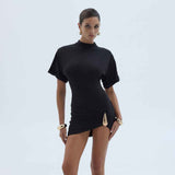 MRC STORE crew-neck pleated high-waist sheath dress displaying a fitted silhouette and elegant pleated details.