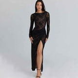 Elegant sheer slit long lace dress by MRC STORE, showcasing a flowy design with intricate lace details and a stylish slit.