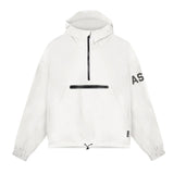 Black men's lightweight hooded windbreaker with front zipper pocket from MJ room, featuring a hoodie and casual design.