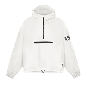 Black men's lightweight hooded windbreaker with front zipper pocket from MJ room, featuring a hoodie and casual design.