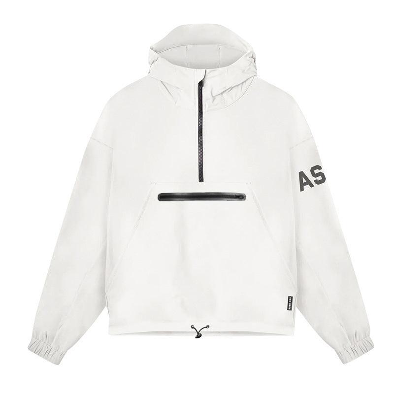 Black men's lightweight hooded windbreaker with front zipper pocket from MJ room, featuring a hoodie and casual design.
