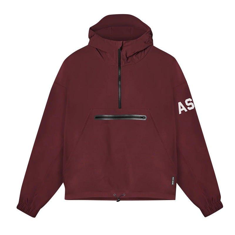 Black men's MJ Room lightweight hooded windbreaker hoodie with front zipper pocket, casual outdoor jacket.