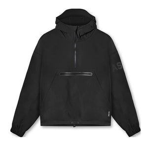 Men's black lightweight hoodie windbreaker with front zipper pocket from MJ Room, featuring a hood and casual design.