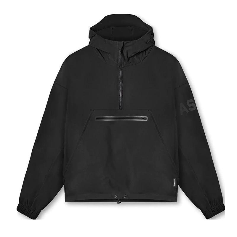 Men's black lightweight hoodie windbreaker with front zipper pocket from MJ Room, featuring a hood and casual design.