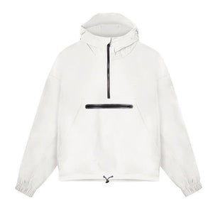 Black men's lightweight hooded windbreaker hoodie with front zipper pocket, by MJ Room.