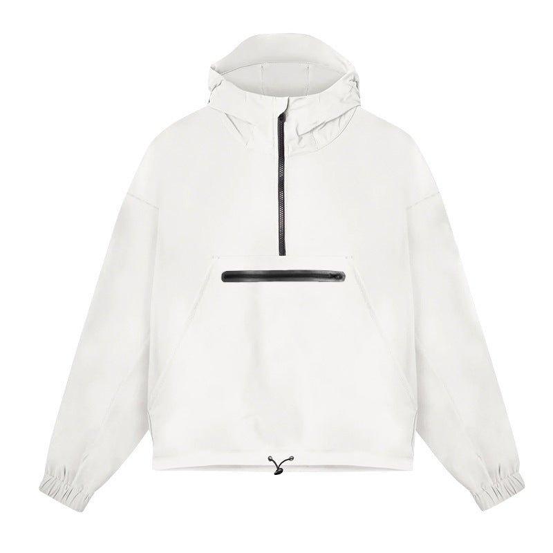 Black men's lightweight hooded windbreaker hoodie with front zipper pocket, by MJ Room.