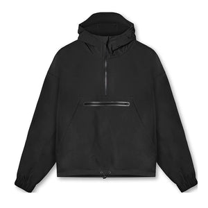 Men's black MJ Room lightweight hooded windbreaker with front zipper pocket, casual hoodie for outdoor wear.