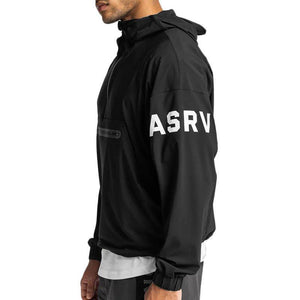 Men's black lightweight hooded windbreaker hoodie with front zipper pocket by MJ room, perfect for casual outdoor wear.